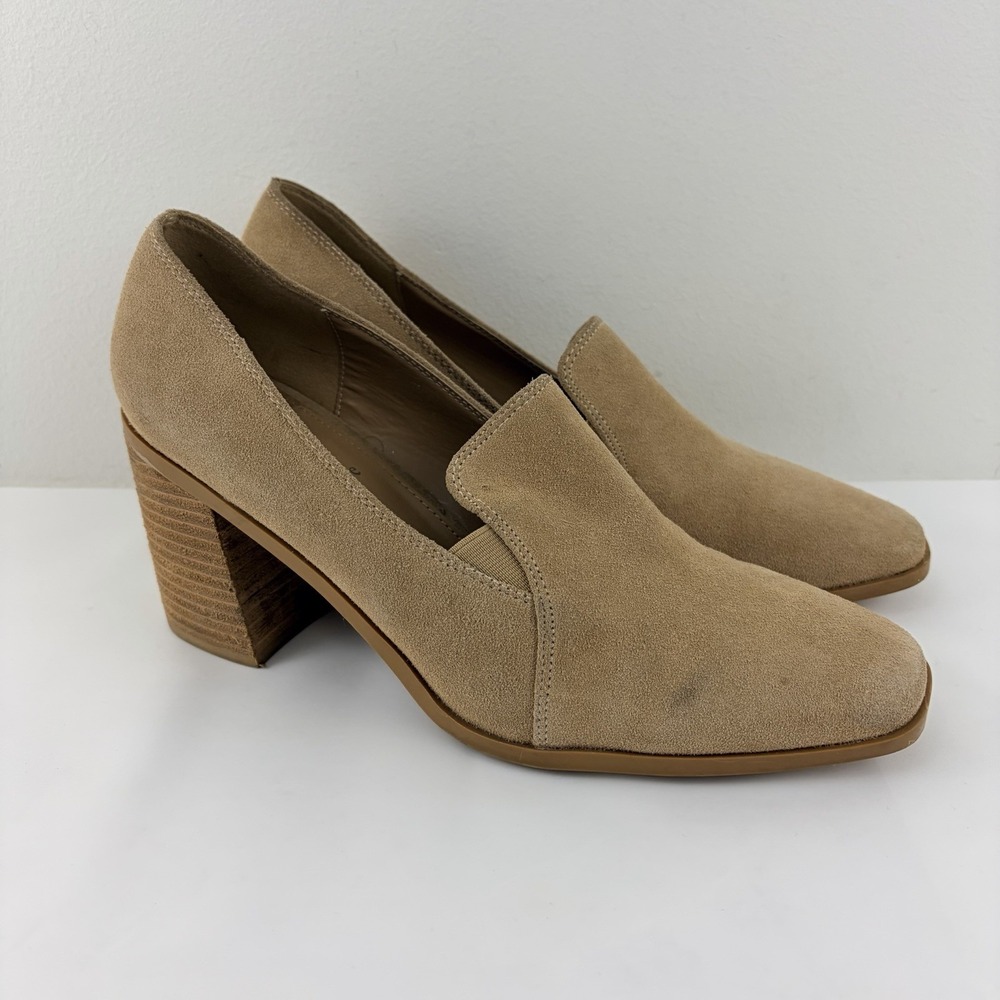 Joie Wevenly Tan Suede Block Heel Loafers Womens 9.5M Slip On‎ Shoes